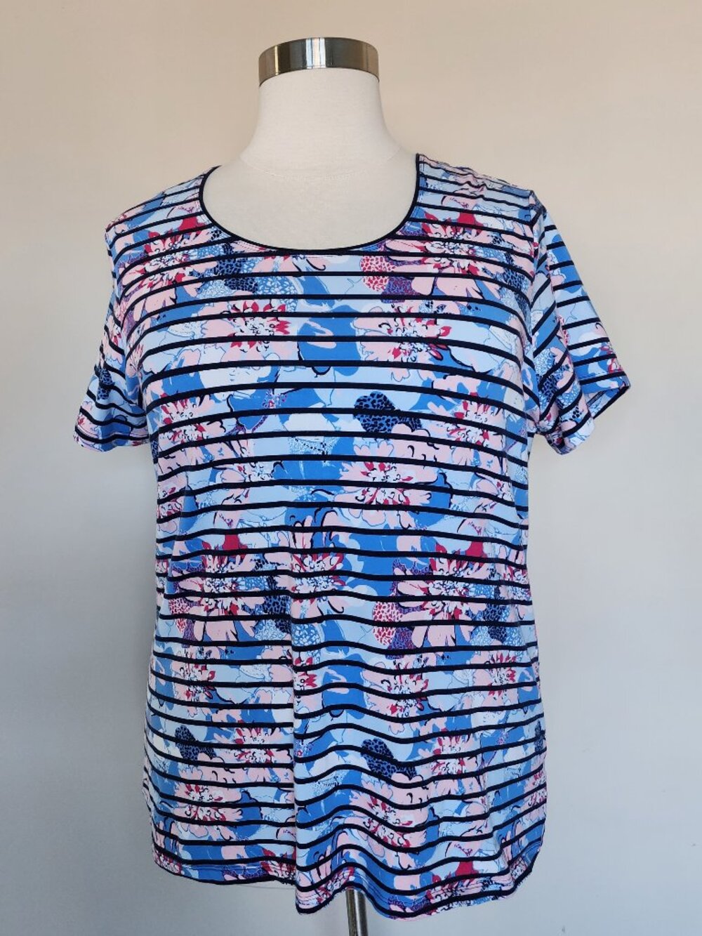 Kim Rogers Size XXL Short Sleeve Shirt Top Blue Pink White Striped Floral Flower